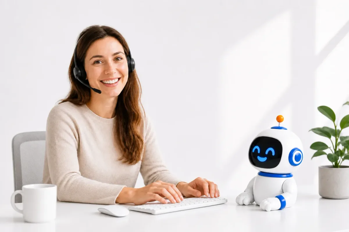 Een collega van Astro met een headset, met de mascotte naast haar
