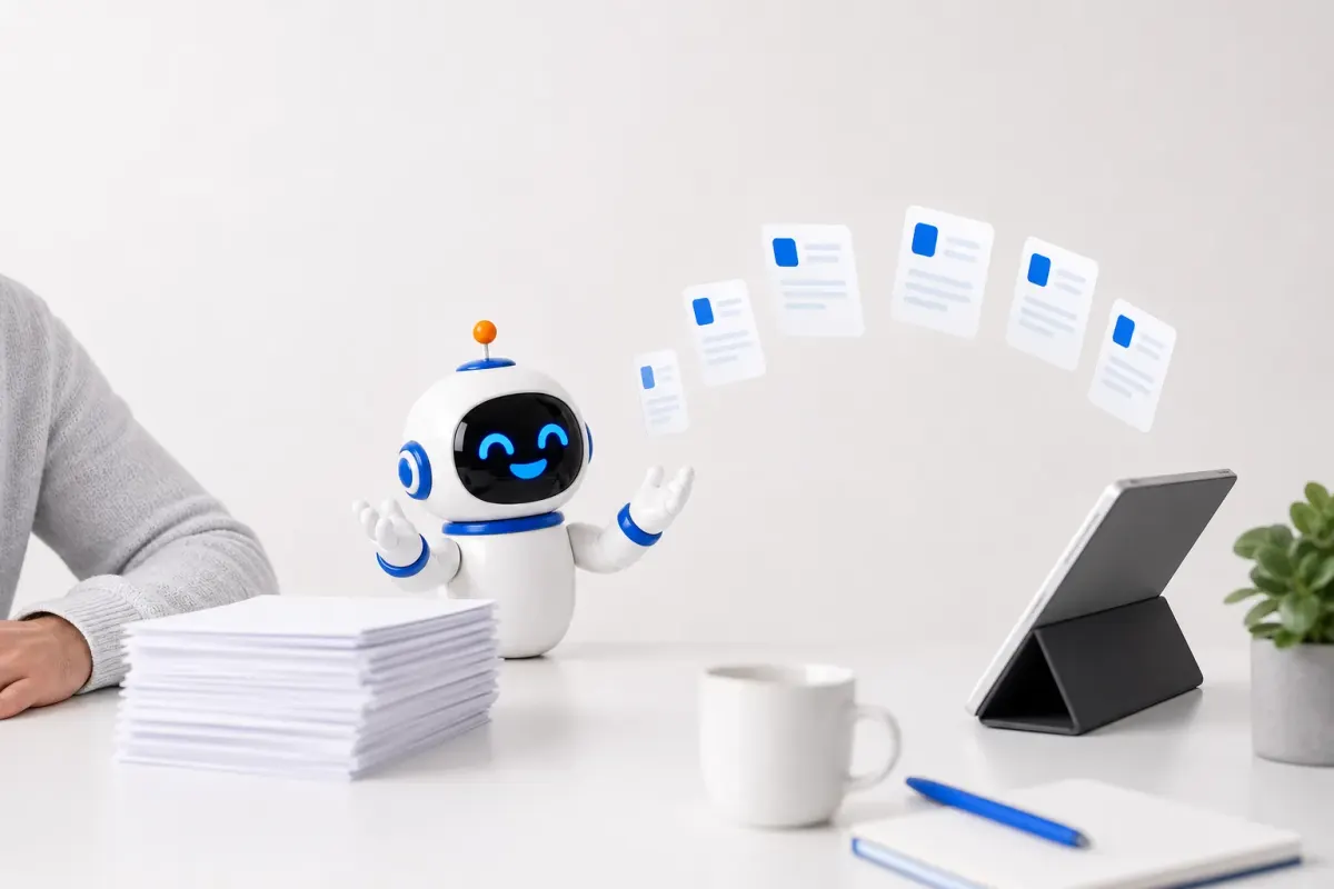 De mascotte zet een papieren stapel om in digitale documenten