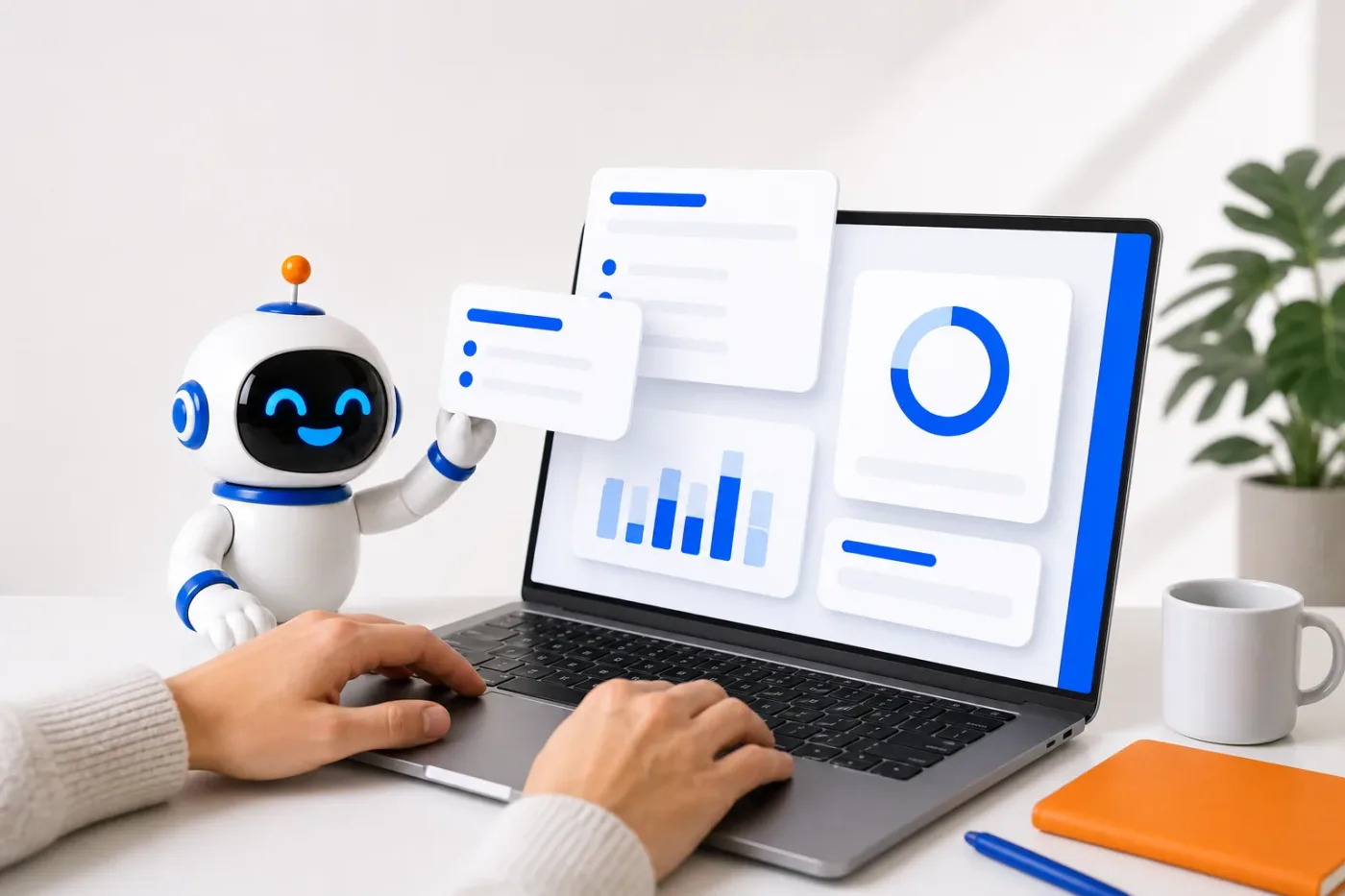 De Astro-mascotte bij een laptop met dashboardkaarten