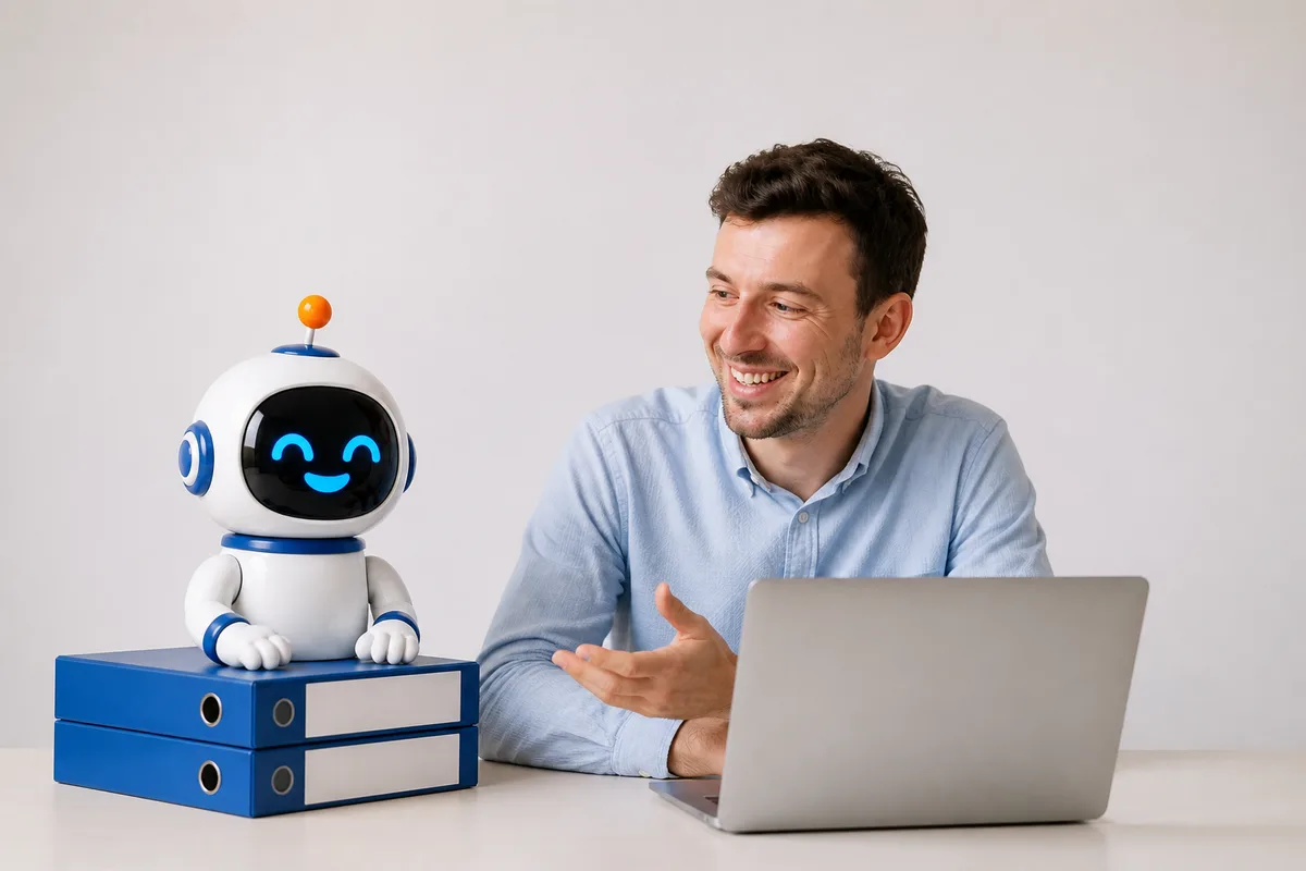 De Astro-mascotte op een stapel mappen naast een ondernemer aan zijn laptop