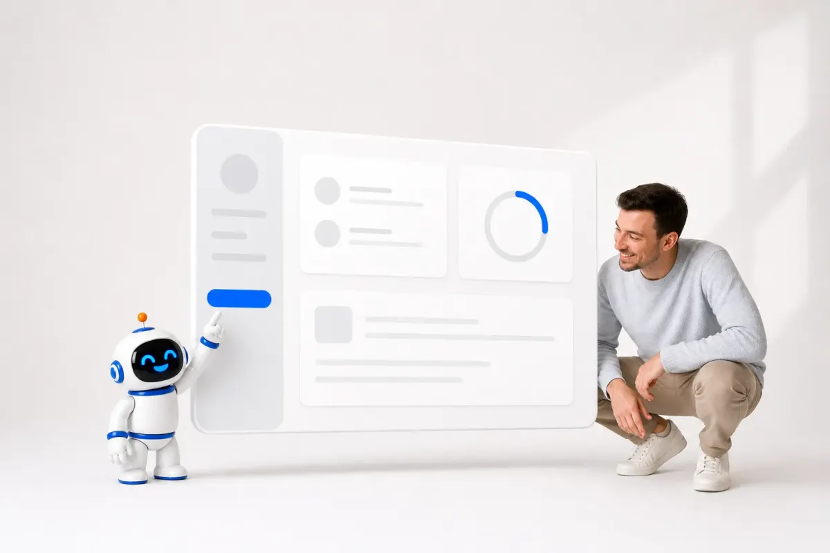 De mascotte wijst het Astro-dashboard aan bij een ondernemer