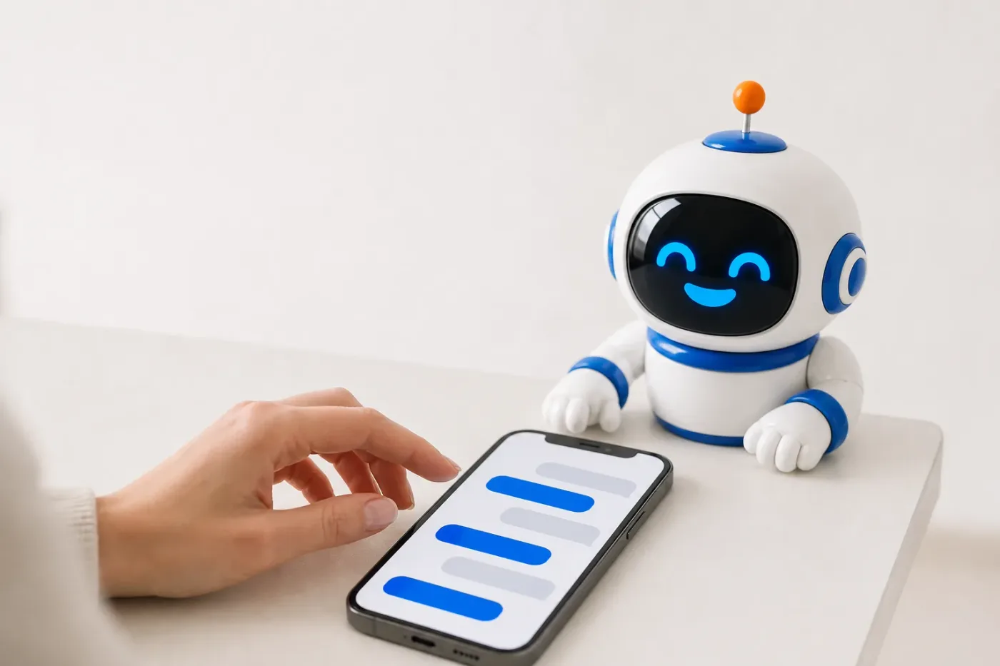 De mascotte leest mee in een chat op de telefoon